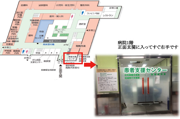 患者支援センターの場所 病院1階正面玄関入ってすぐ右手です